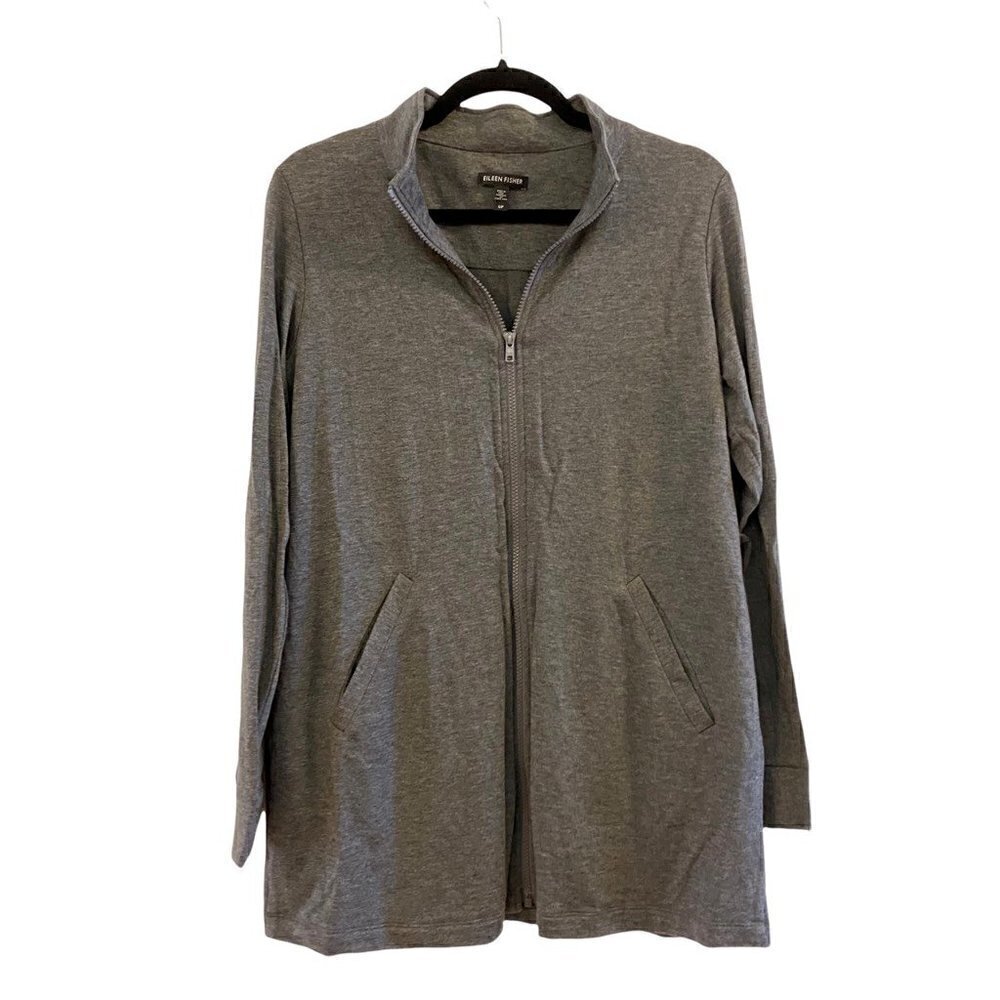 Eileen Fisher Womens Sweater Jacket Gray Zip Up Stretch Mock Neck Pockets Small